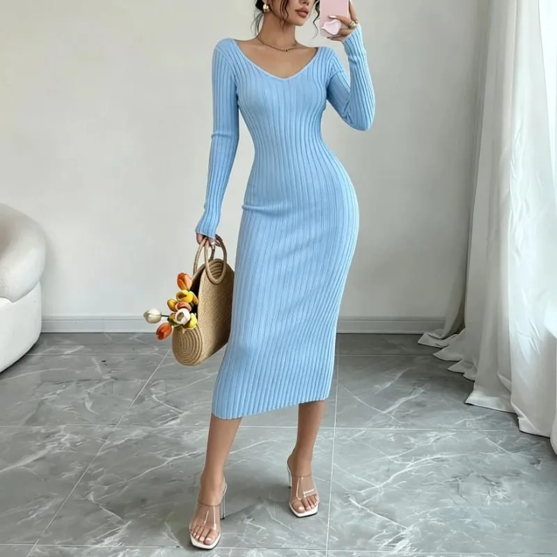 Women Solid Color V‑Neck Ribbed Knit Maxi Sweater Dress Elastic Long Sleeve Bodycon Dress Ladies Casual Party Fashion Dresses