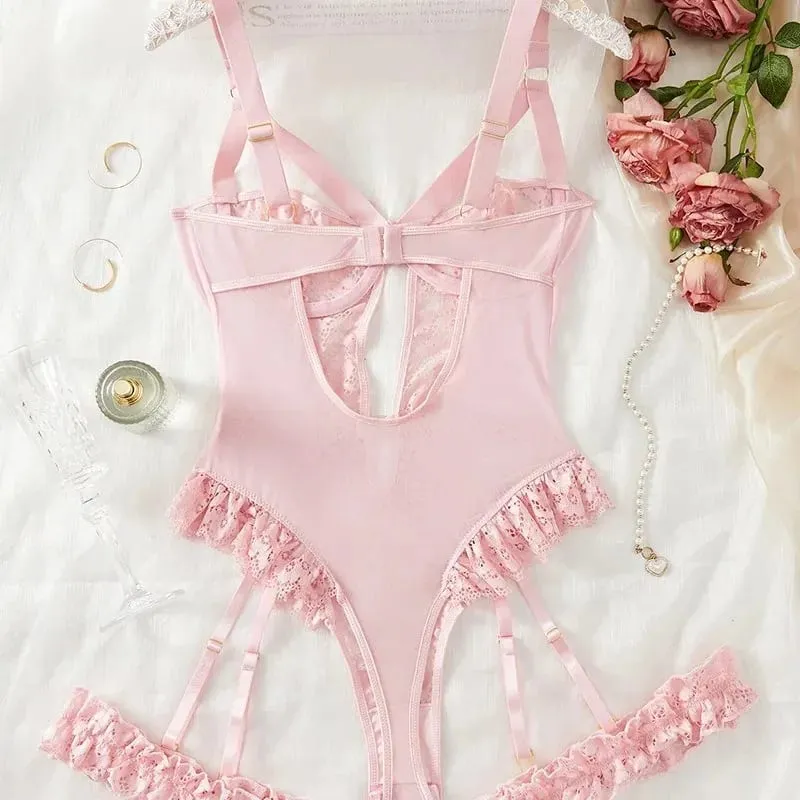 2pcs Red Floral Lace Garter Lingerie Set Women's Underwire Bra Choker Thongs Intimate Ladies Underwear Set