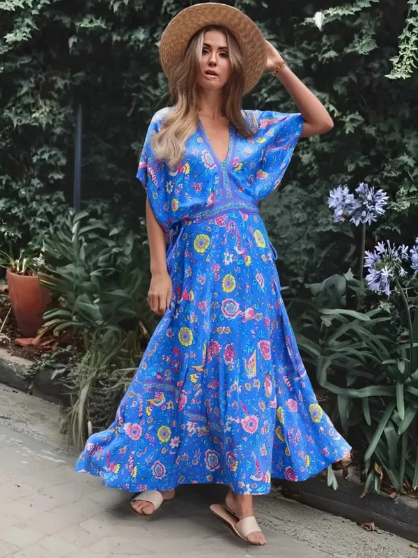 Boho Queens femmes paon imprimé fleuri manches chauve-souris plage bohème Maxi robes dames col en V gland robe d'été robes — image 7