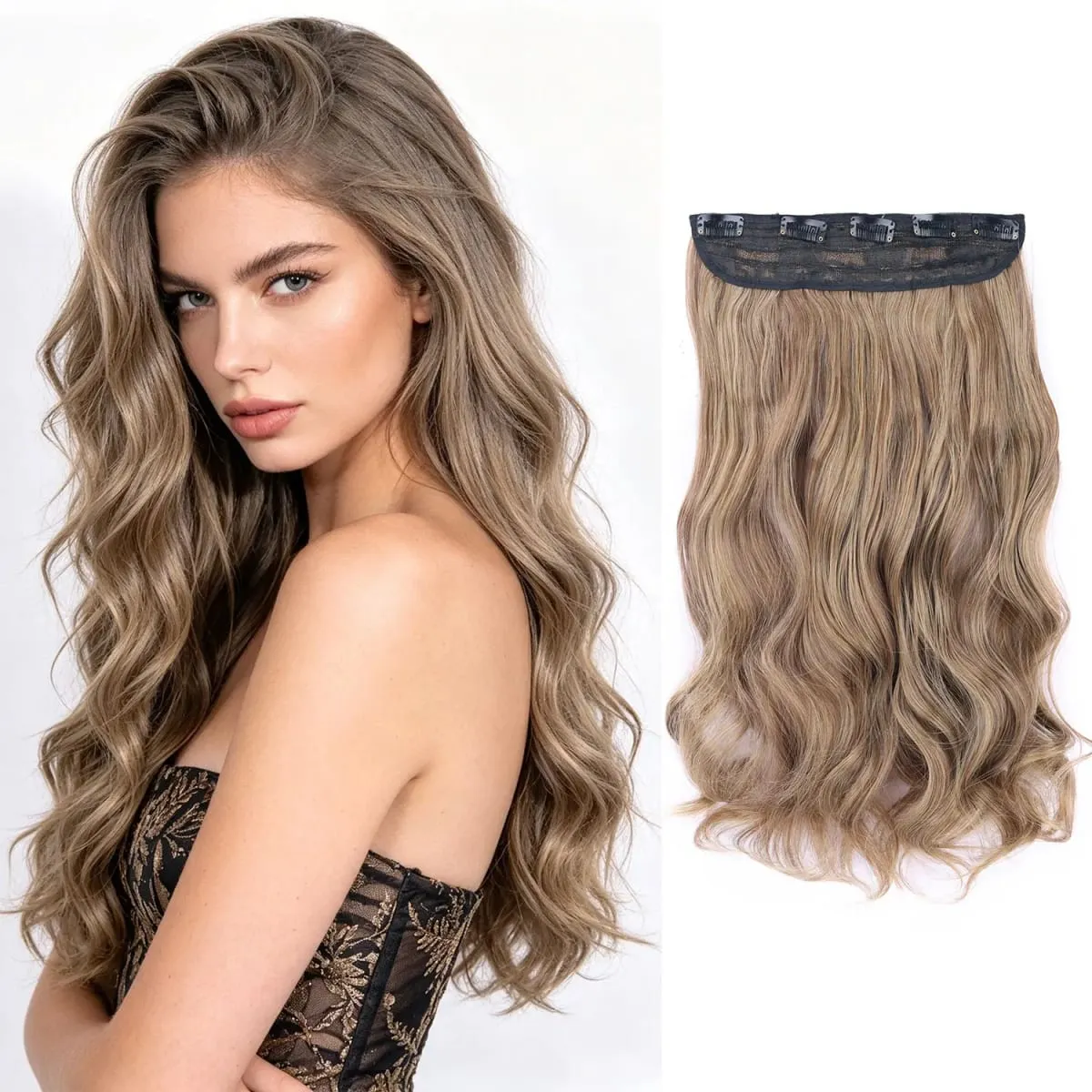 Kẹp tổng hợp trong phần mở rộng tóc 5 kẹp trong một mảnh sợi tóc lượn sóng nhiệt độ cao dành cho phụ nữ hàng ngày trong kỳ nghỉ tiệc tùng — image 10