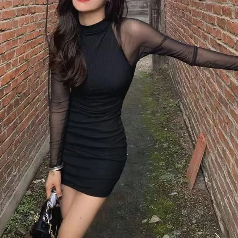 Mesh Patchwork Half High Neck Women Dresses Black Fashion See Through Long Sleeve Skinny Clubwear Female Mini Dress Bodycon