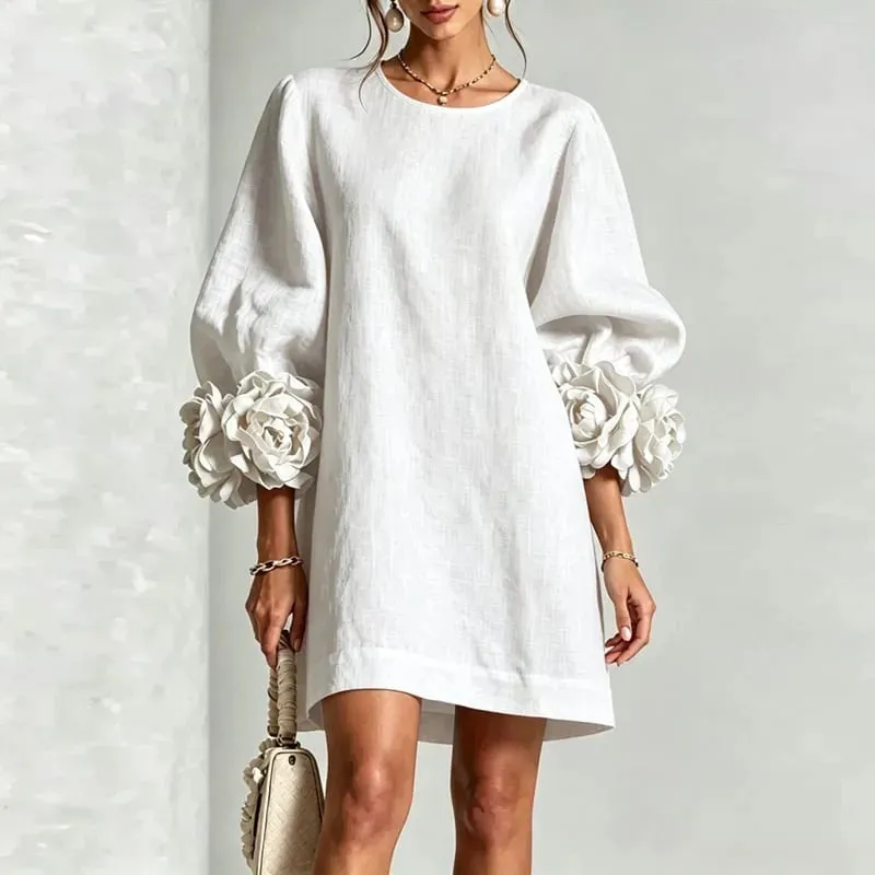 Women Solid Mini Dress Round Neck Puff Sleeve 3D Flower Cuff Loose Shift Dress Elegant Vacation Party Daily Casual Short Dresses