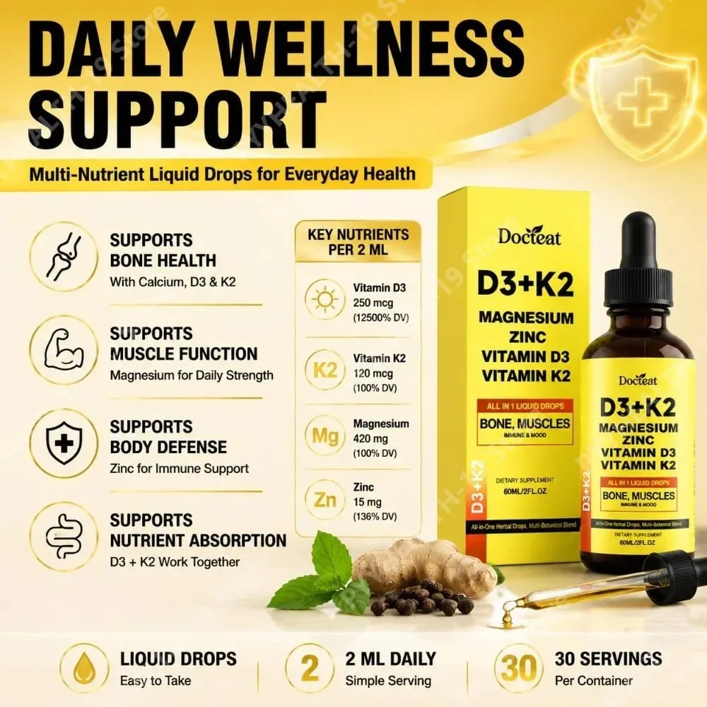 Docteat D3+K2 Liquid Drops with Magnesium Zinc & Vitamin D3 for Bone Health & Muscle Function Wellness Support Adults 60 ML — image 2