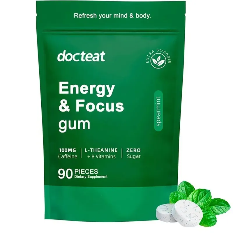 Docteat Energy & Focus Gum Chewable Tablets Zero Sugar with Green Coffee Extract L-Theanine Vitamin B6+B12 90 Chewable Tablets