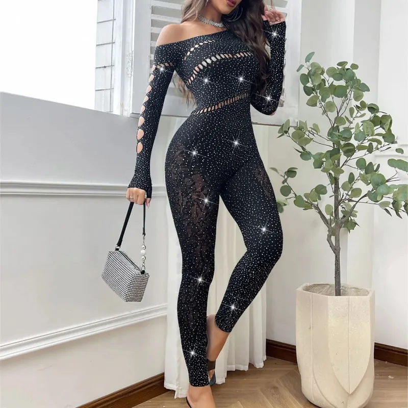 Kvinder Sexet Mesh Rhinestone Jumpsuit Langærmet Se Through High Stretch Body Strømper Jumpsuit Club Plus Size Stock Lingeri — image 7