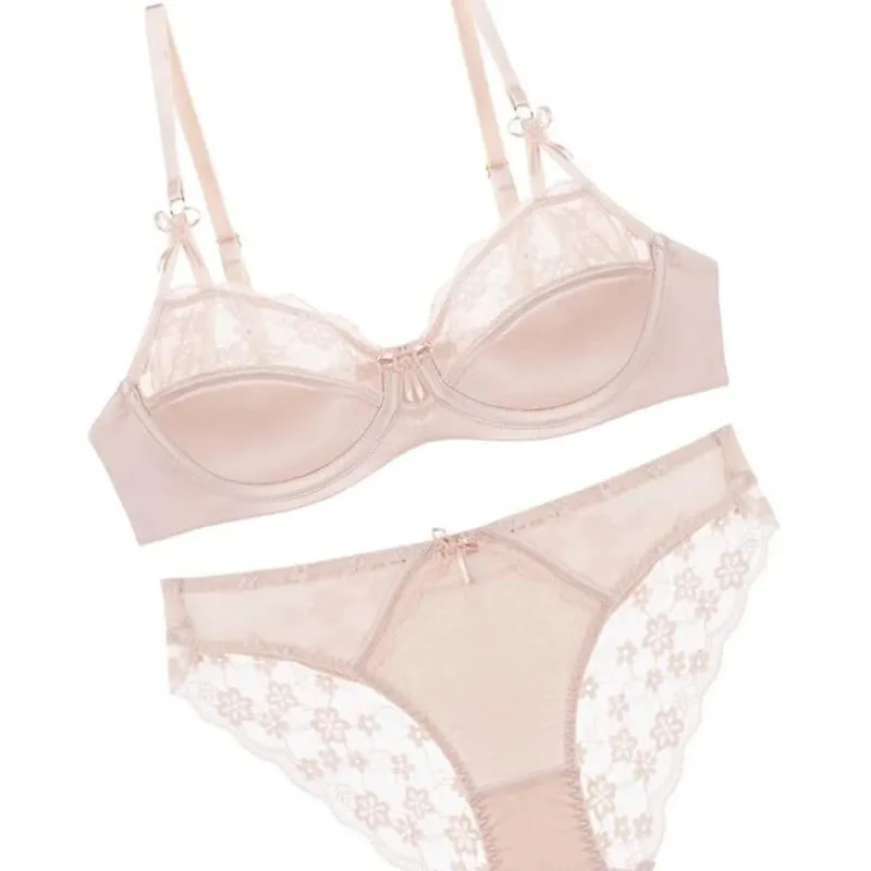 Women Thin French Half Cup Lace Bra Set Minimizer for Big Bust Push Up Anti-Sagging Side Support Comfort Sexy Daily Lingerie Set — image 4
