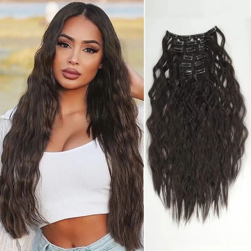 6PCS Clip In Hair Extensions 24" Black Brown Hair Extension Long Mermaid Waves Synthetic Clip On Hairpiece For Women