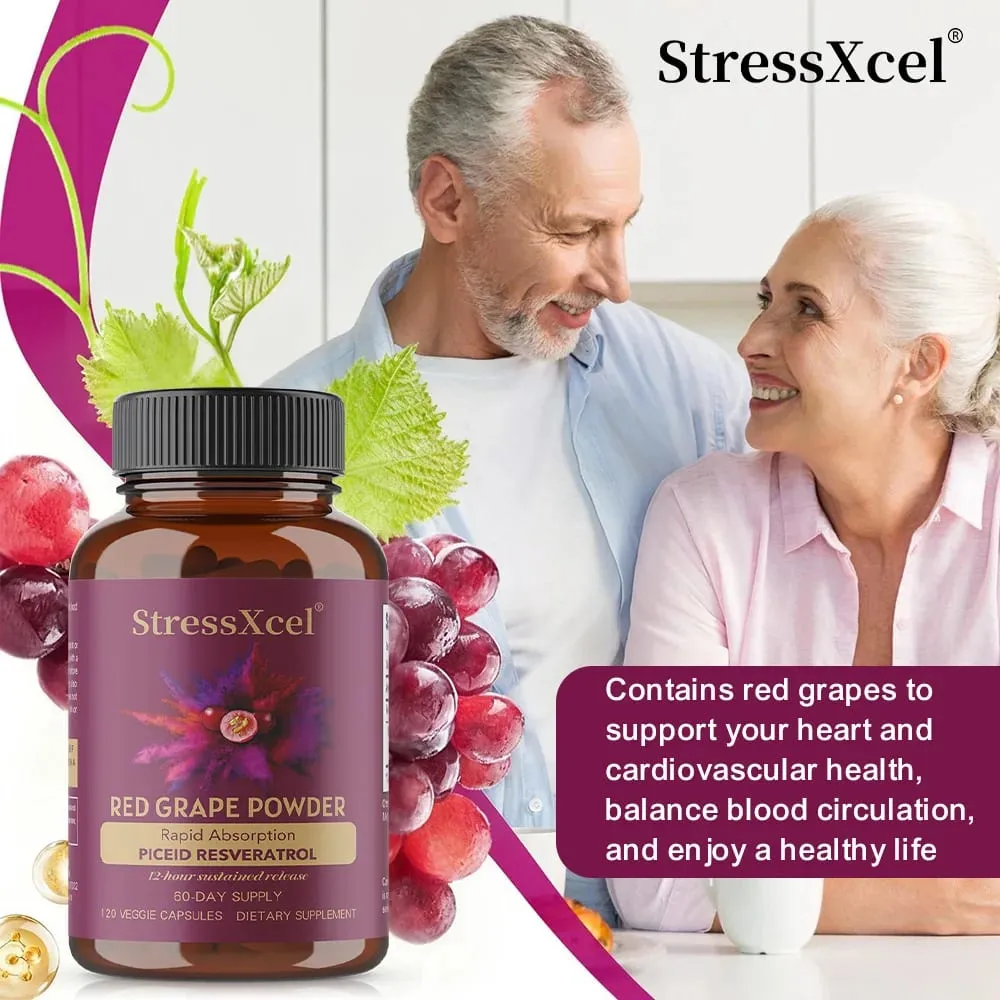 Red Grape Powder + Resveratrol Supplement Antioxidant Supports Heart Joint Brain Immune Health & Anti-Aging Non-GMO
