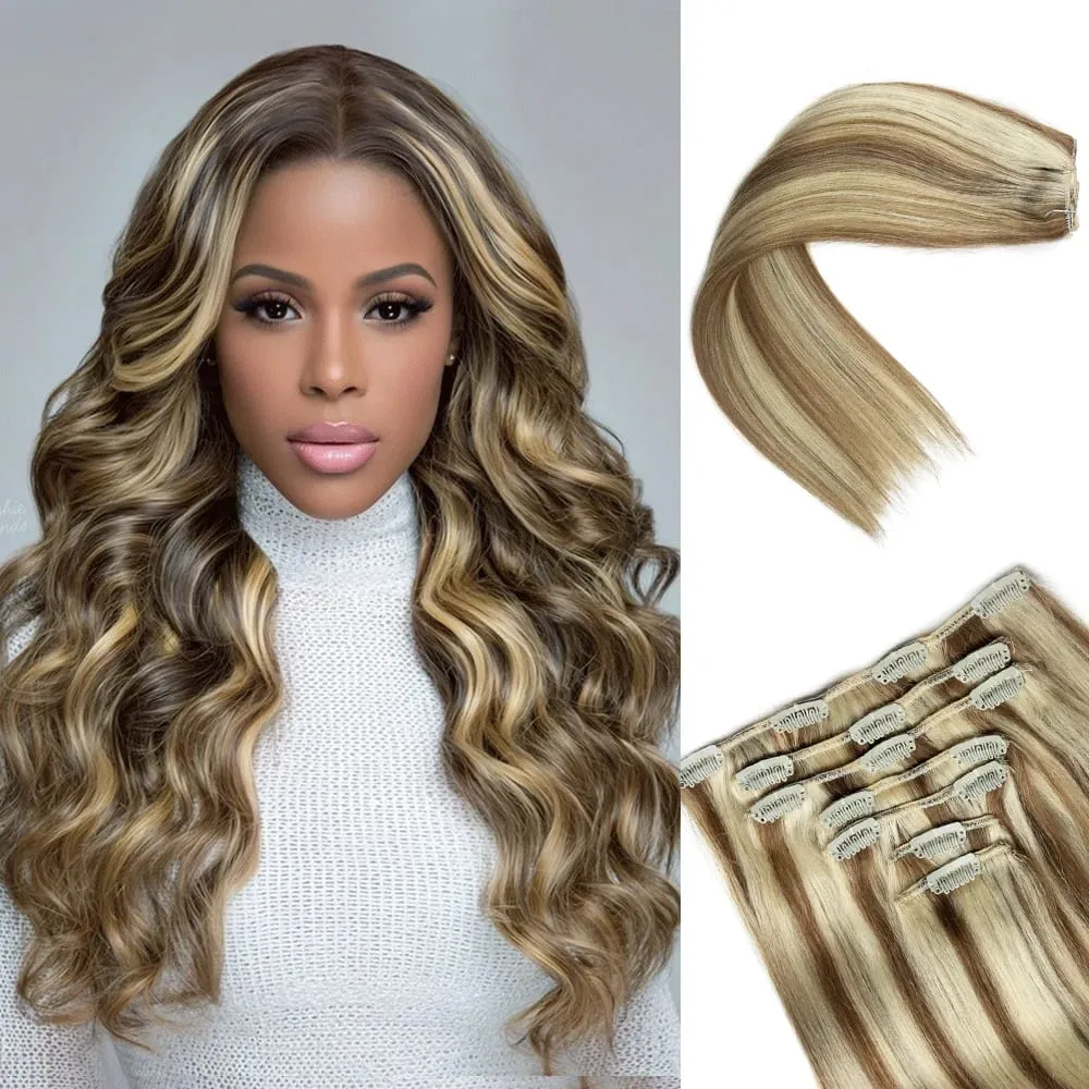 7PCS Seamless Clip in Human Hair Extensions 14-22 Inch Dark Brown to Chestnut Brown Ombre Double Weft Remy Hair for Women Natura