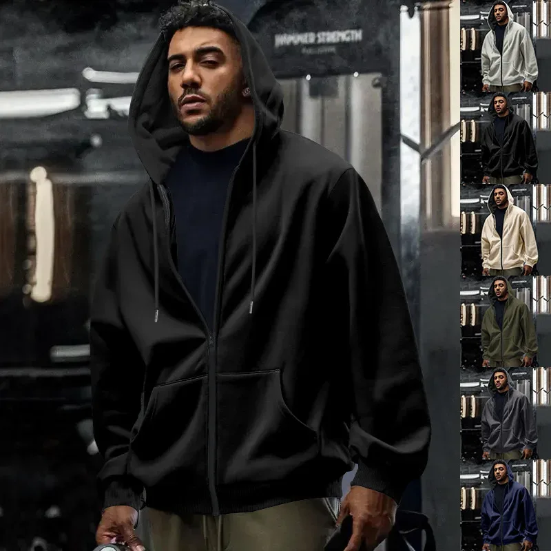 New 2026 Men's Autumn Casual Solid Long Sleeve Zipper Hooded Sweatshirt Coat Male Fashion Outdoors Sportswear Hoodies Jackets