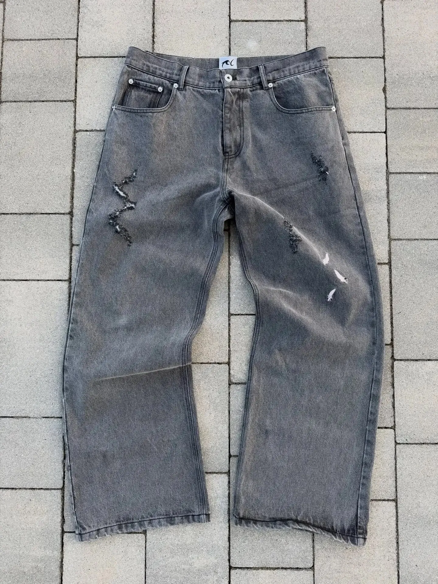 2026 Japanese style high street patchwork embroidered jeans men's goth Harajuku fashion wide leg jeans y2k retro casual pants — image 9