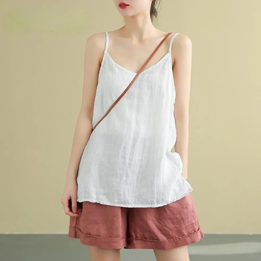 Basic Cotton Linen Spaghetti Strap Top V Neck Sleeveless Sleeveless Tank Top Loose Fit Breathable Camis Top Summer Wear — image 9