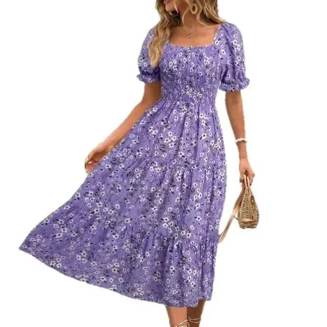 2025 New Women's Printed Dress Square Collar Bubble Sleeve Empire Waist Midi Dress Short Sleeve Cross-Border Independent Station — image 6