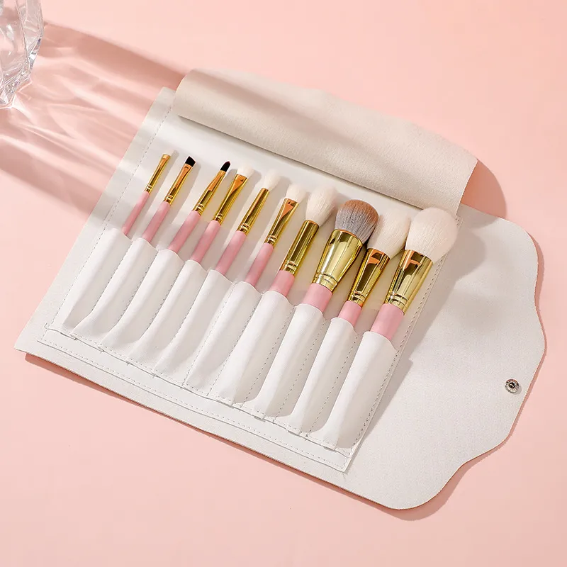 10 pçs pincéis de maquiagem rosa escova de sombra blush líquido fundação bb creme escovas de cabelo de cabra compõem escovas saco ferramentas cosméticas