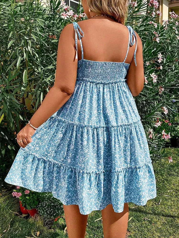 Gaun Lengan Pendek Sling Belakang Wanita Saiz Besar dengan Pakaian Mini Bohemia Tanpa Lengan Skrol — image 4