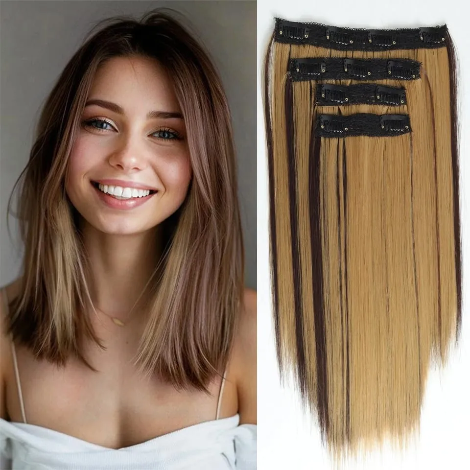 14inch Synthetic Wig Four-Piece Straight Hair Extension Wig BB Clip Style Suitable For Women Christmas New Year Carnival Music