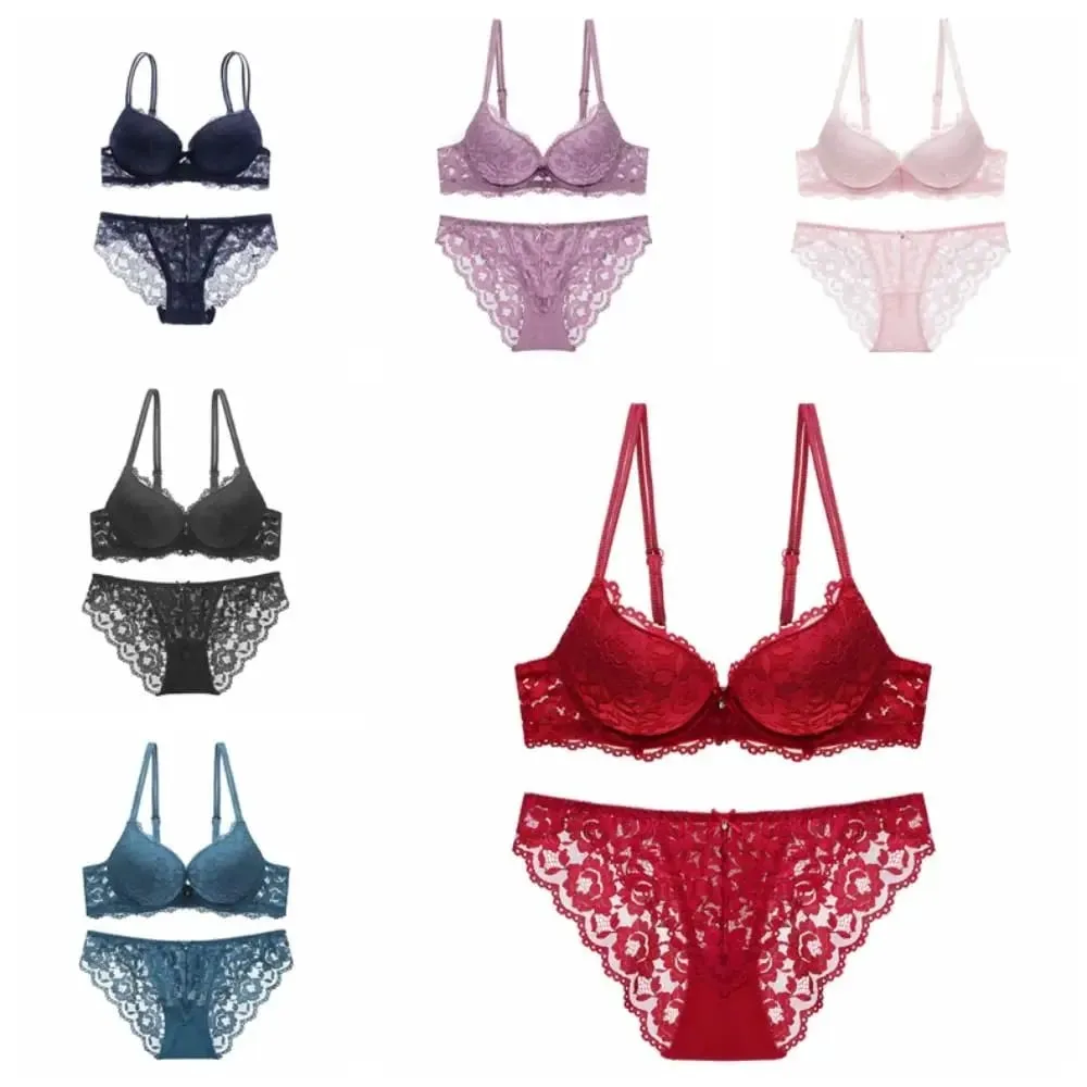 Comfortable Mesh Lace Flower Bra Low Waist Bowknot Push Up Bra Women Non Slip Lingerie Seamless Underwear Set Girl