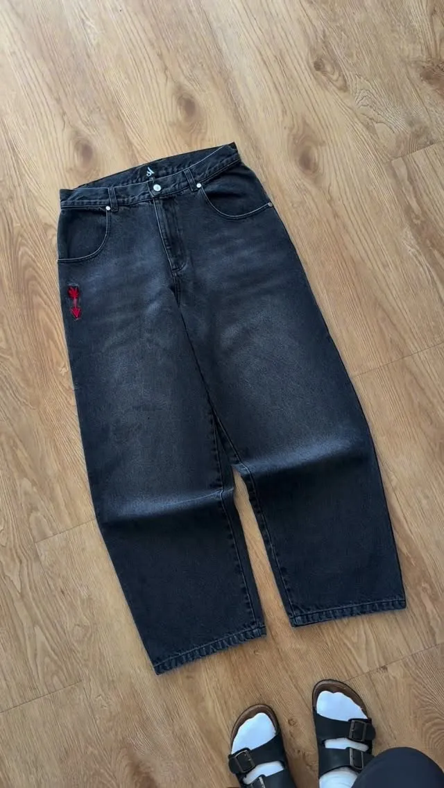 Retro Flame Arrow Embroidered Jeans Baggy Wide Leg Straight Denim Pants Men's Hip Hop Y2k High Waist Streetwear Men Clothing