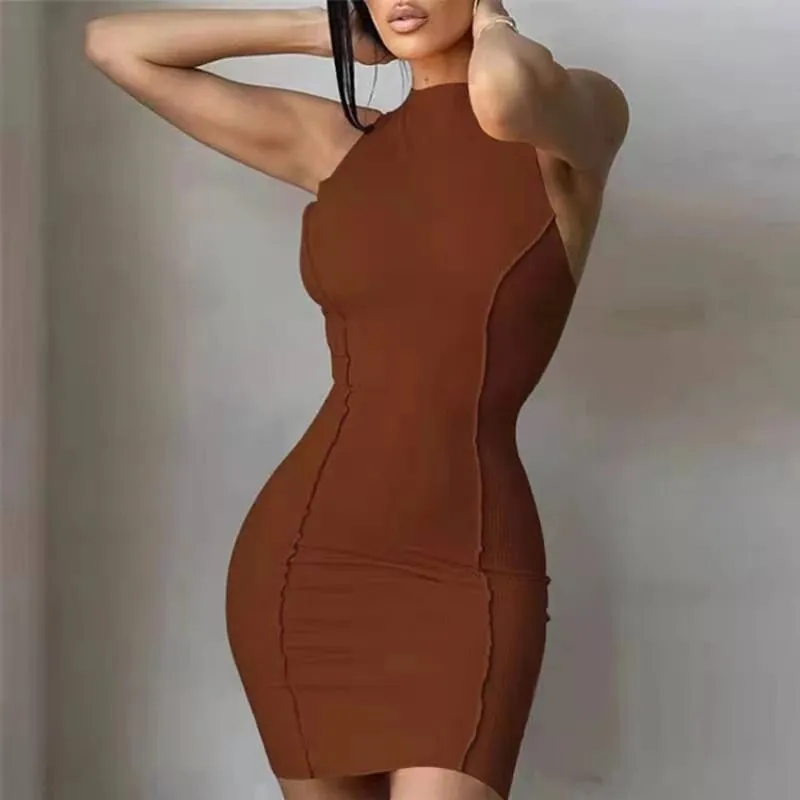 Ženy Léto Sexy Úzké zavinovací bokové šaty Pevné patchworkové minišaty s výstřihem do O bez rukávů INS Fashion High Street Pouzdro Vestido