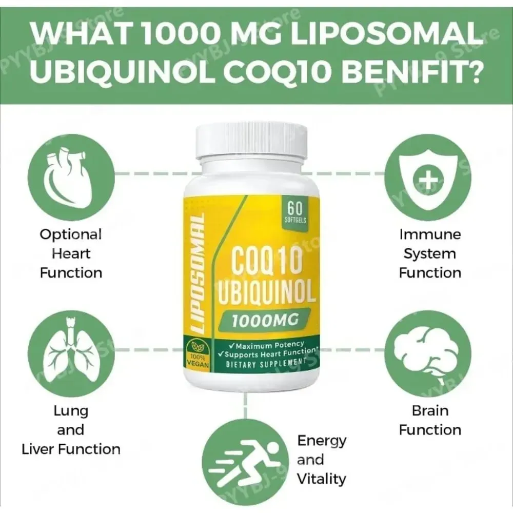 CoQ10 Ubiquinol 1000mg Vegan Softgels 60 Ct Liposomal High Absorption Coenzyme Q10 for Heart Energy Antioxidant Daily Support