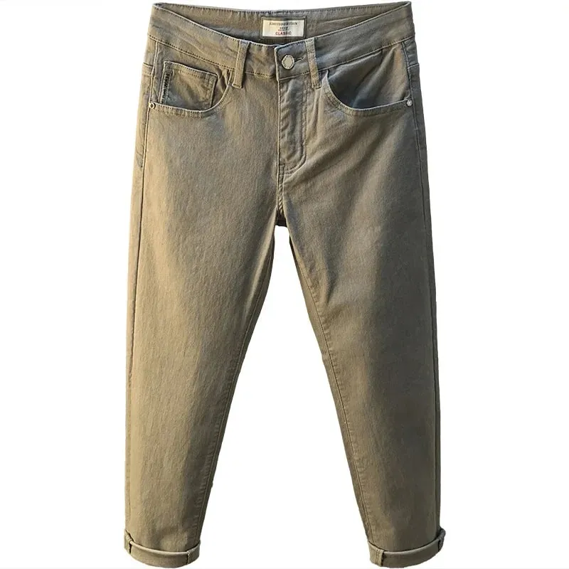 Lichte luxe herenjeans 2025 zomer dunne stretch taps toelopende kleine rechte pijpen casual veelzijdige denim effen kleur broek