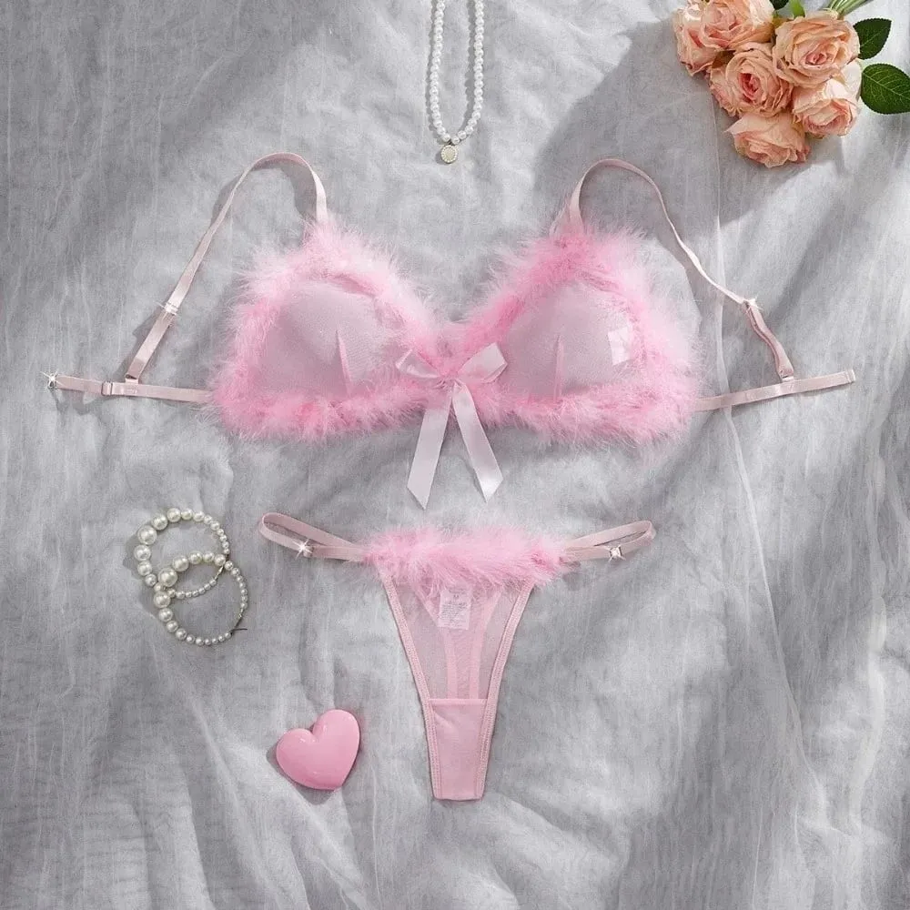 Christmas Furry Women's Underwear Wireless Mesh Transparent Lingerie Set Bow Decor Romantic Intimate Bra Panties Suit Christmas