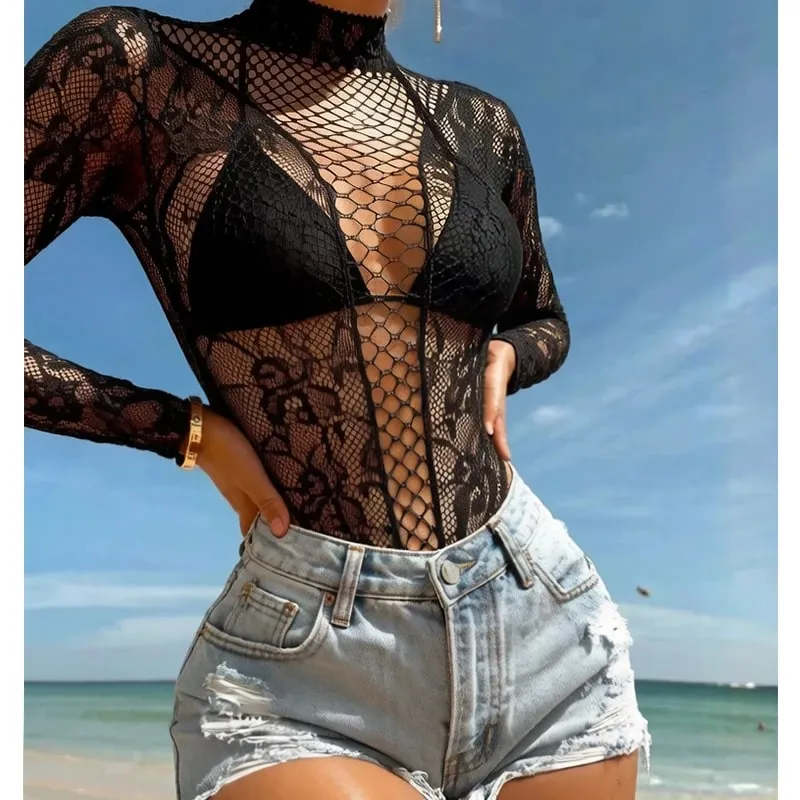 Women Summer Long Sleeve Bodysuit Cover Up Hollow Out Beachwear Without Underwear Sheer Mesh Fishnet Music festival Swimsuit — image 2