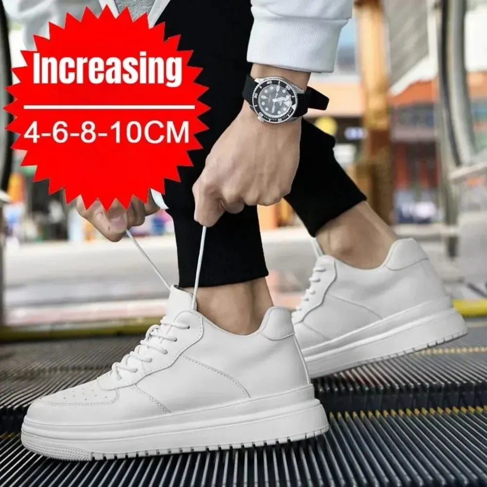 Nové boty zvyšující výšku pro muže 10 cm tenisky s neviditelným výtahem bílé kožené sportovní Zapatillas De Hombre velká velikost 46