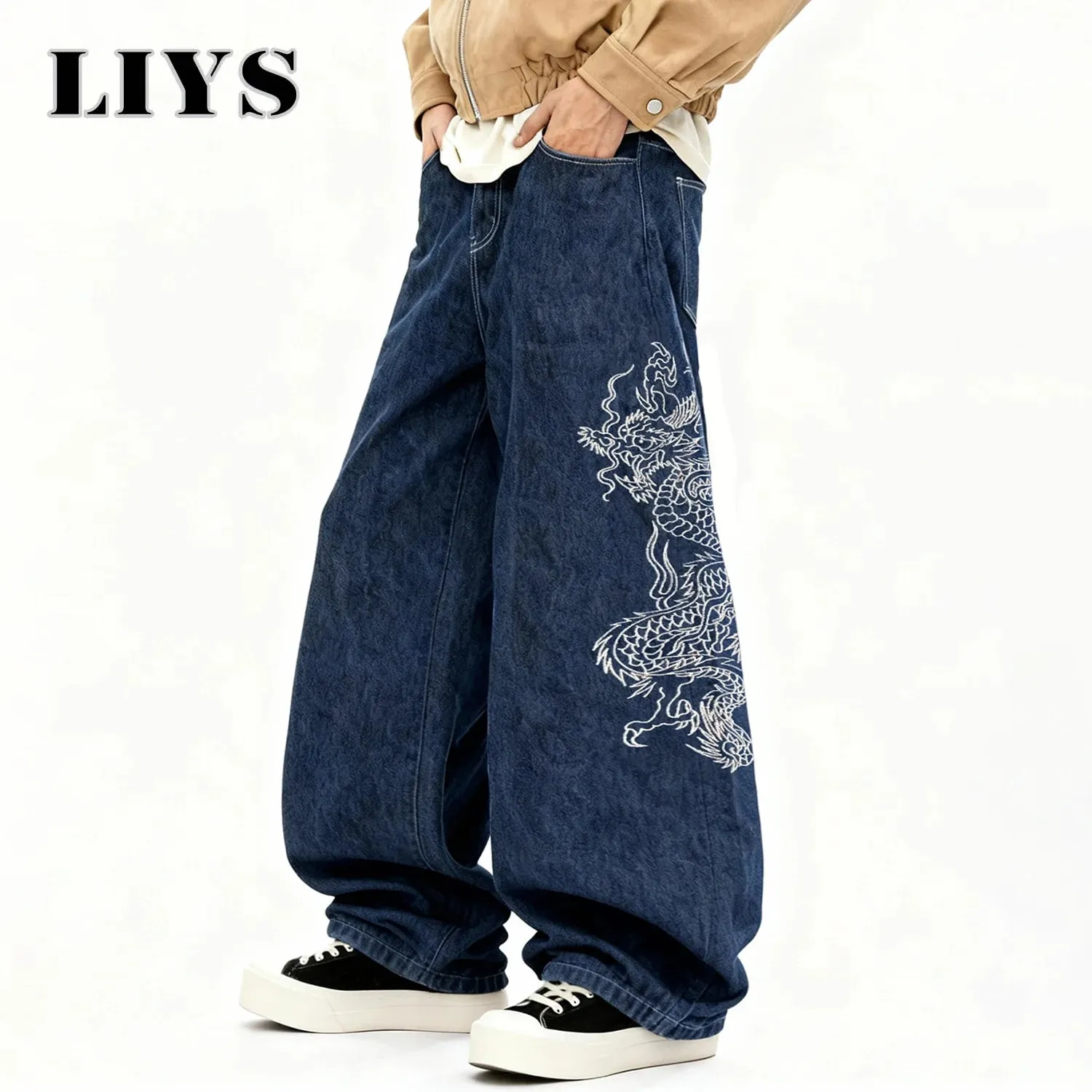 Korean Street Blue Baggy Wide Leg Men's Jeans Personalized White Dragon Pattern Embroidery Denim Pants Gothic Male Jeans Unisex