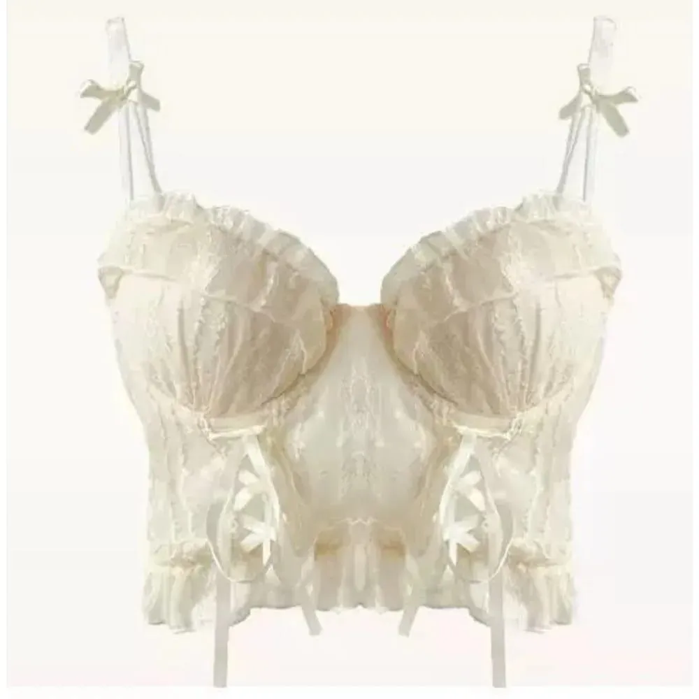 Sweet Lace Push Up Bra Set For Lady Small Bust Ruffle Mesh Cross Bandage Strappy Sexy Pure Desire Lingerie Underwear