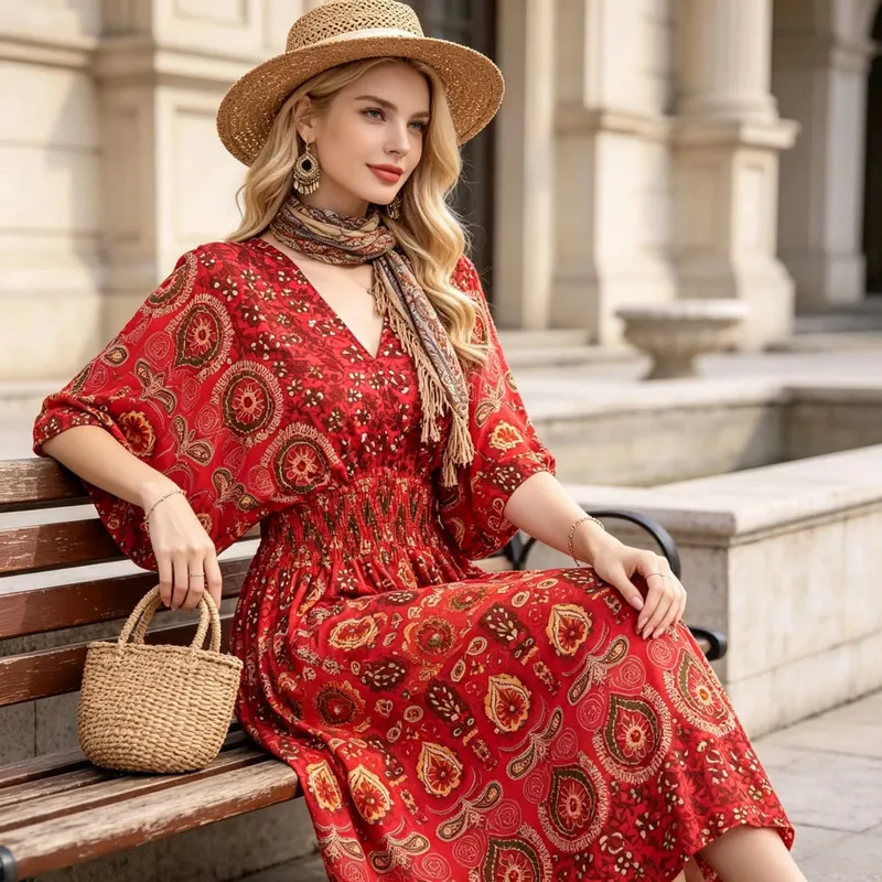 Boho Holiday Women V-Neck Batswing Short Sleeve A-Line Midi Dresses Slim Elastic Waist Casual Vintage Office Lady Elegance Dress — image 34
