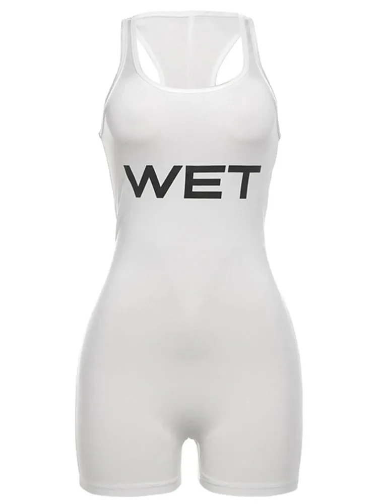 New 2025Summer Women Sexy Sport Romper Subtranslucent Slim Playsuits Letter Printed White Women'S Raceback Sleeveless