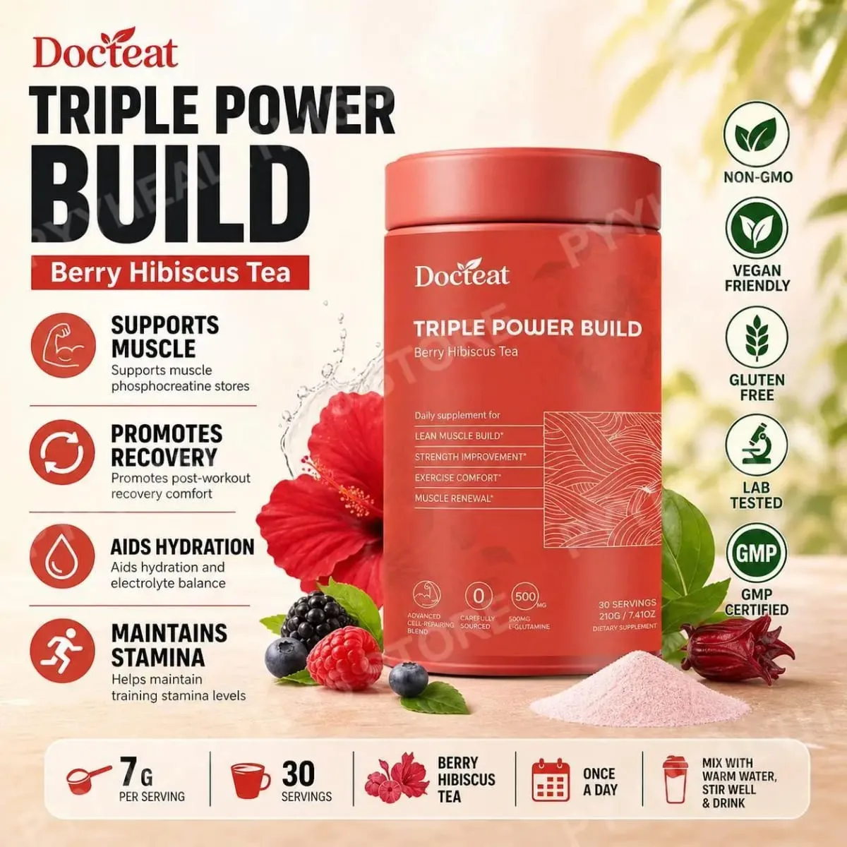 Docteat Creatine Monohydrate Powder with Creatine HCl L-Glutamine and Electrolytes for Muscle & Workout Support Berry Hibiscus