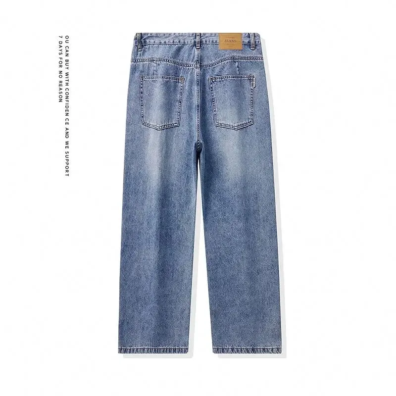 High Streets Spring Summer Men's Jeans American Retro Baggy Wide Leg Denim Pants Loose Solid Cotton Jeans Male Trendy Trousers — image 3