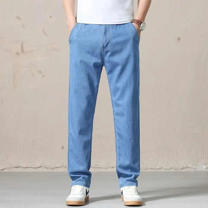 New Spring Summer Light Blue Men's Jeans Business Straight Cotton Black Casual Pants Trousers for Male Plus Size 28-40