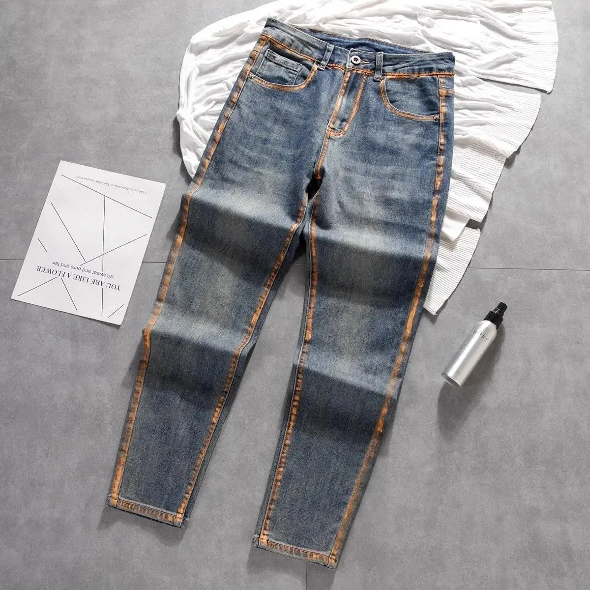 New Trousers Design Small Feet Elastic Slim Jeans High-end Casual Pants New Korean Work Original Paint Printing Trousers Man — image 5