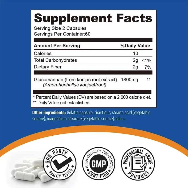 Glucomannan 1800mg - Promotes Energy Production Increases Satiety Appetite Suppressant Supplement