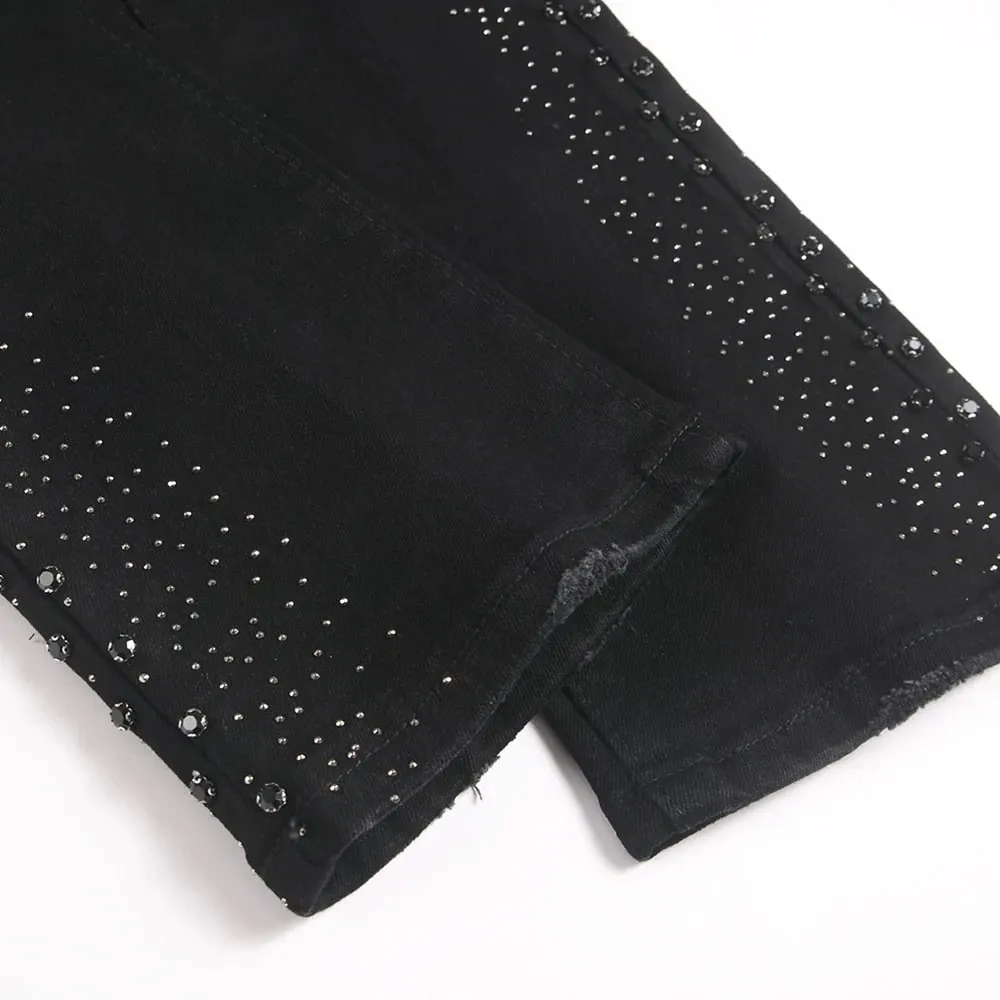 Men's Flared Denim Jeans Punk Crystal Rivet Stretch Black Cotton Spandex Pants Slim Boot Cut Trousers