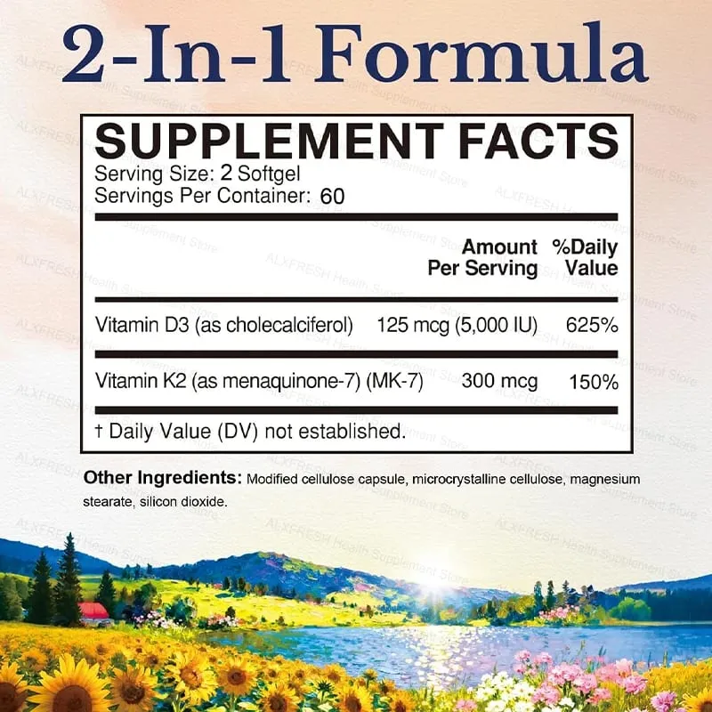 D3K2 Vitamin Capsules 5000 IU 300 mcg for Calcium Absorption Bone Teeth Immune & Heart Health Non-GMO