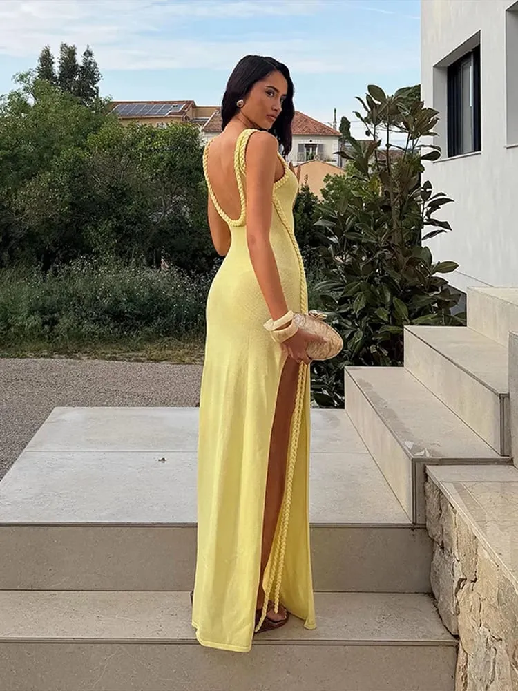 Halter Neck Knitted Women's Dress Braided Trim Cutout High Slit Solid Party Evening Maxi Dress For Women 2026 New Fashion — image 4