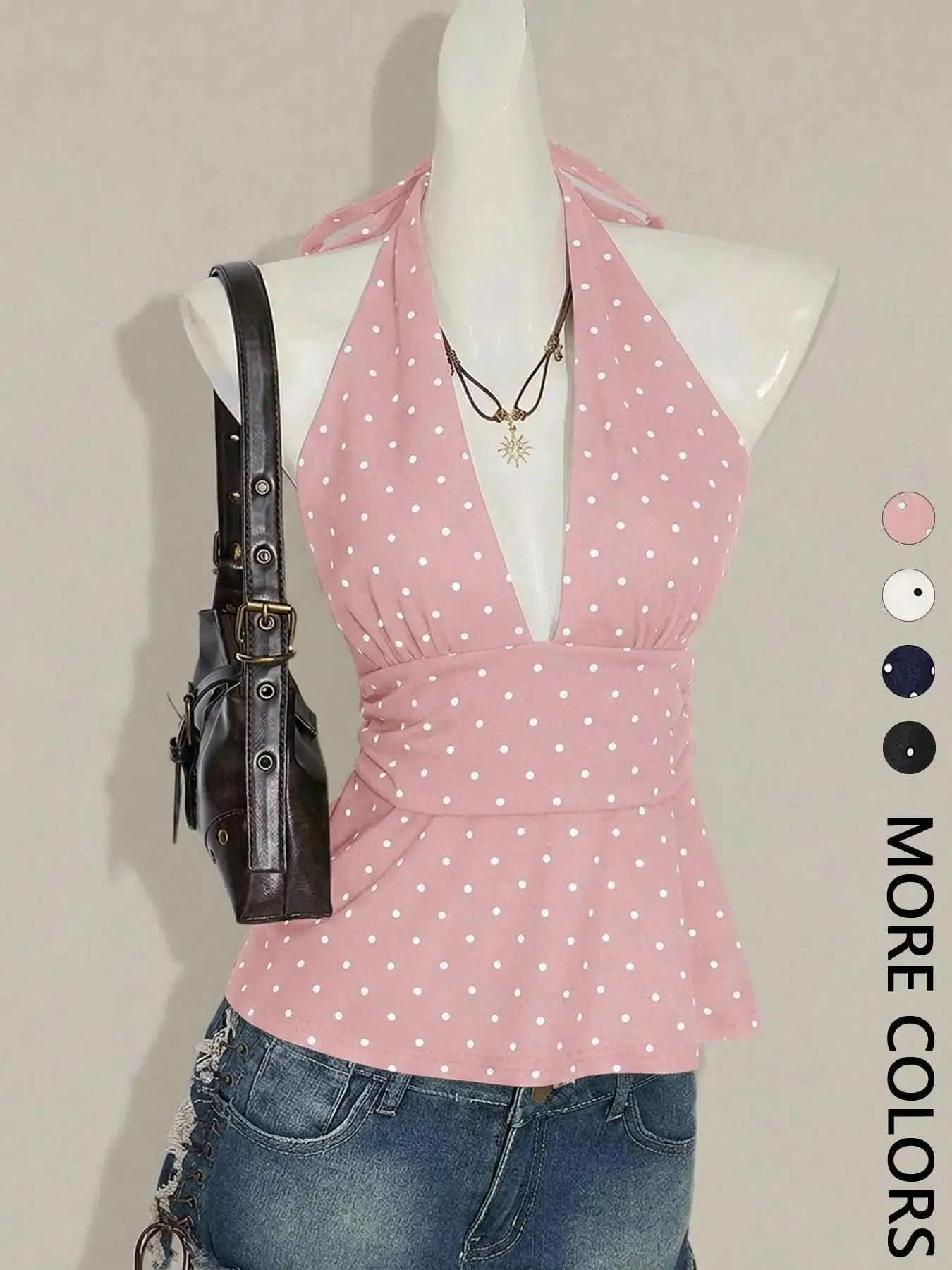 Ladies Polka Dot Backless Strap Top with Waist Pleating Design Adjustable Neck Strap Backless Strap Ladies Shirt