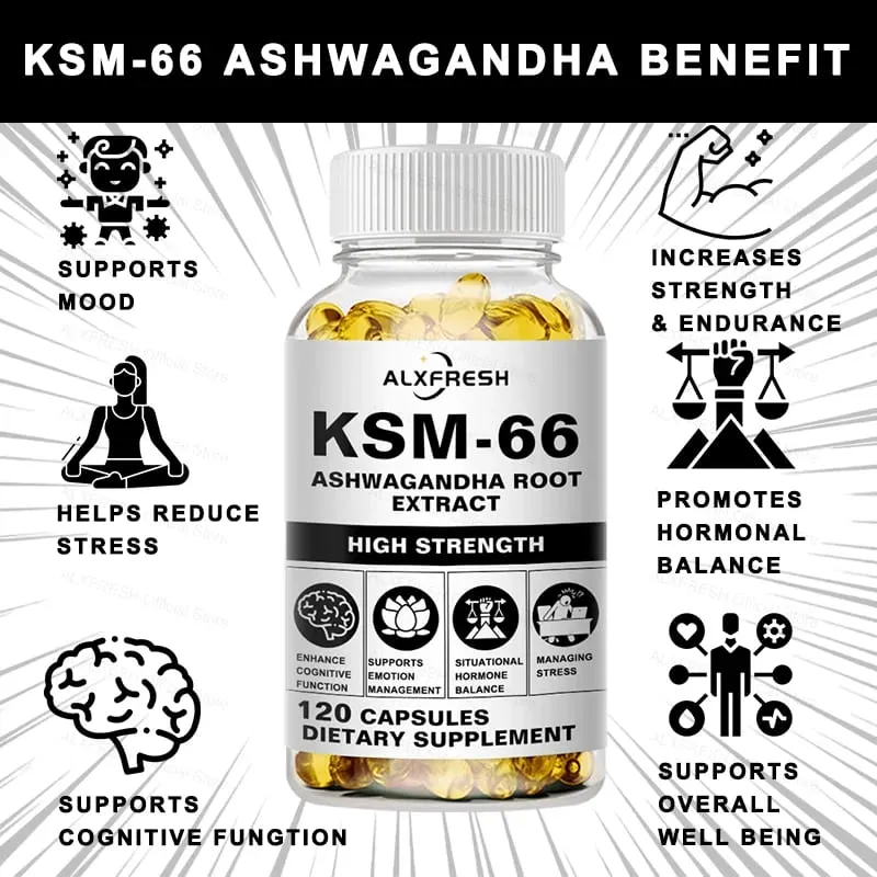 Natural Organic Ashwagandha KSM-66 Supplements Capsules for Stress Relief Focus Brain Energy Support Sleep Health Supplement
