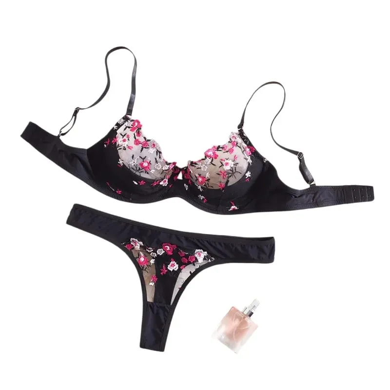 Sexy Womens Underwear Exotic Emotional Bra Set Embroidered Print Brassiere Lingerie Set Women's Push Up Thin Bralette suit — image 2