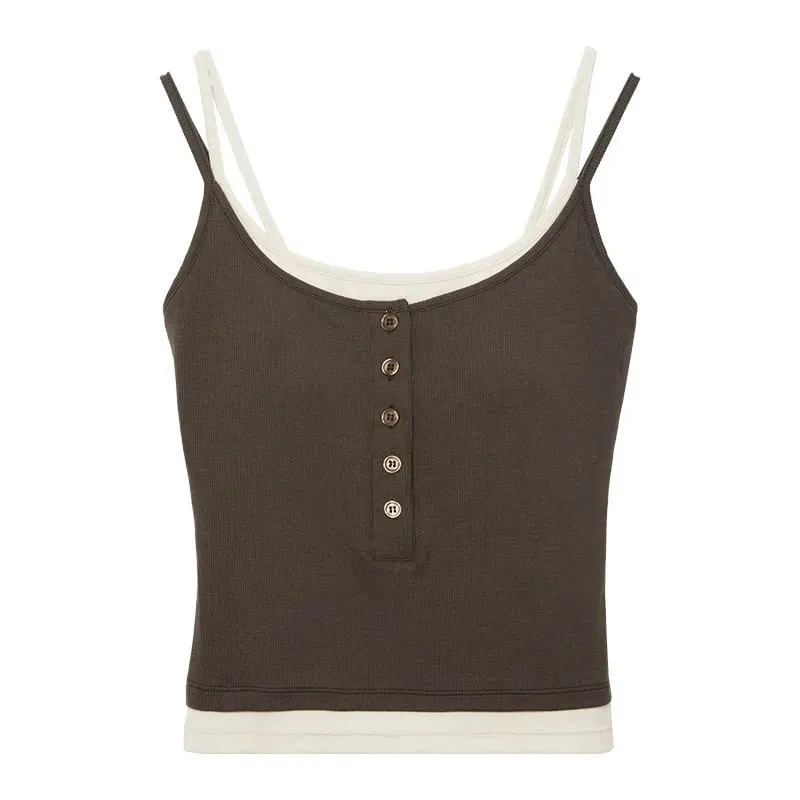Spicy Girl Fake Two-piece Color Blocking Tank Top with Chest Pad Summer Spaghetti Strap Square Neck Button Casual Slim Fit Camis — image 10