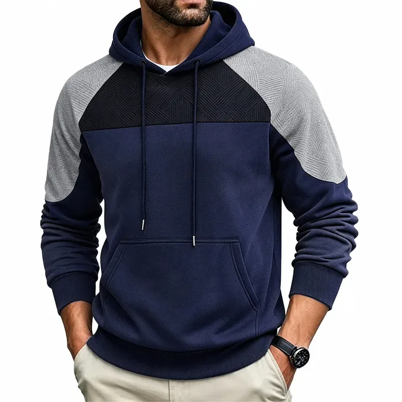 Autumn Winter Men Color Block Raglan Hoodie Textured Chest Panel Drawstring Kangaroo Pocket Loose Casual Streetwear Sweatshirt