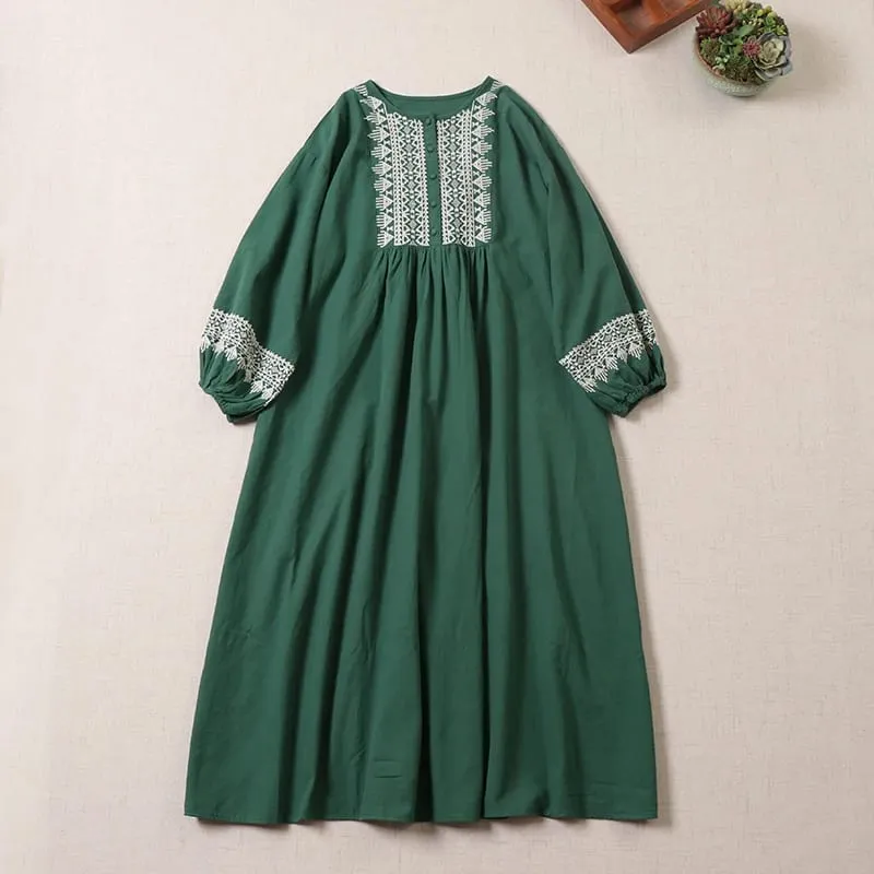 Ele Embroidered Cotton Lin Long Sve Dr Loose Fit A-Line Silhouette Maxi Skirt for Autumn Season Women's Faion