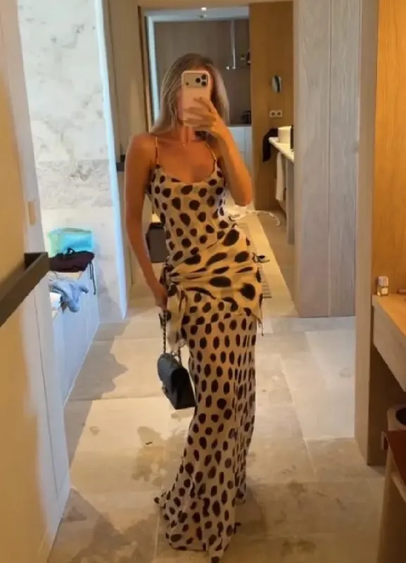 Elegant Animal Print Maxi Dress Detachable Scarf Spaghetti Strap Tie Waist Slim Fit Skirt Women Summer Party Vacation Outfit Bago