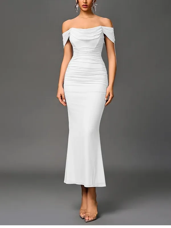 NewAsia Women's Off Shoulder Ruched Mesh Long Corset Dress Backless Fishbone Bodycon Elegant Fashion Party Club Maxi Dresses