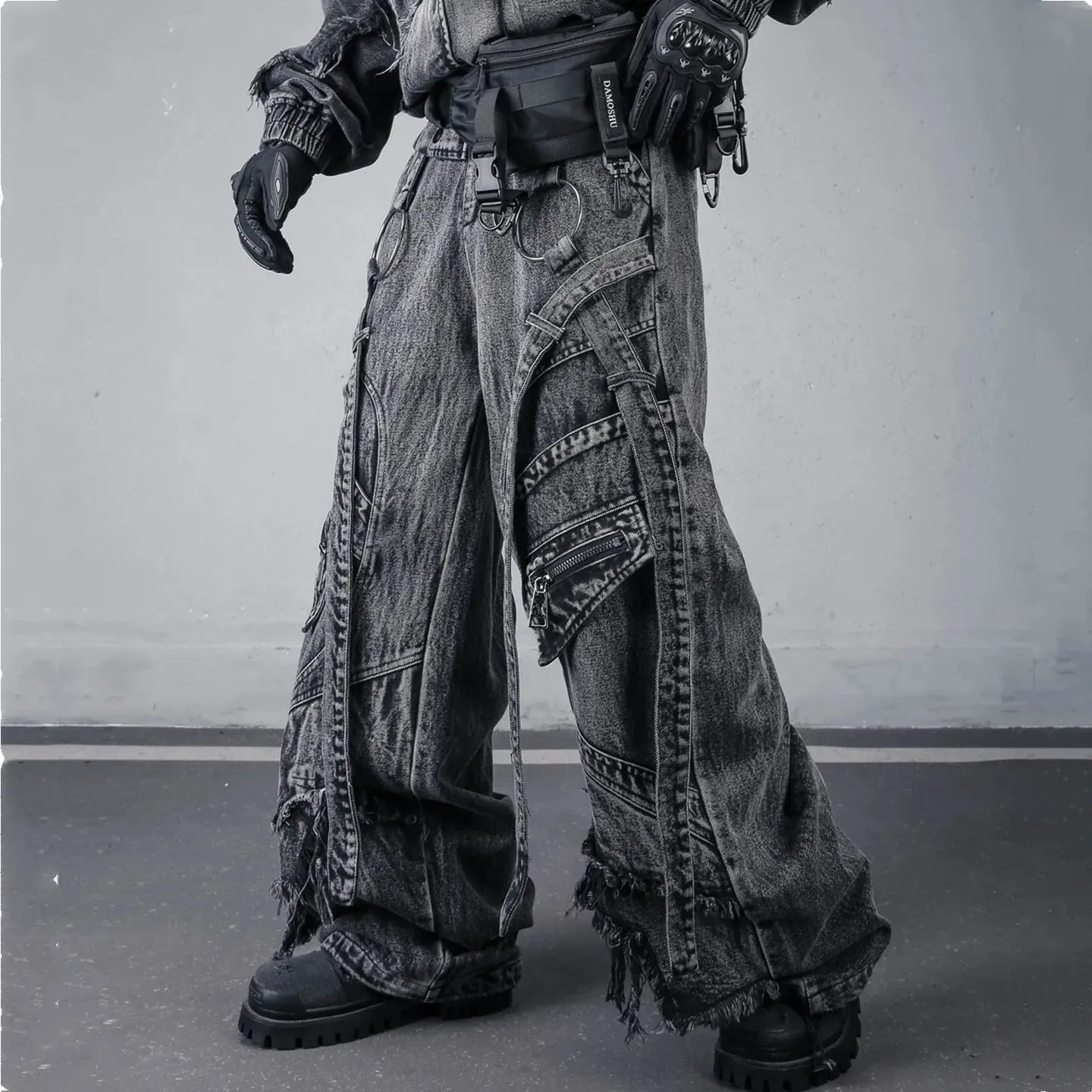 Deconstructed Dây Rửa Sạch Vintage Hàng Hóa Quần Jean Người Phụ Nữ Techwear Đất Hoang Phong Cách Ống Rộng Chiến Thuật Quần Baggy Dạo Phố
