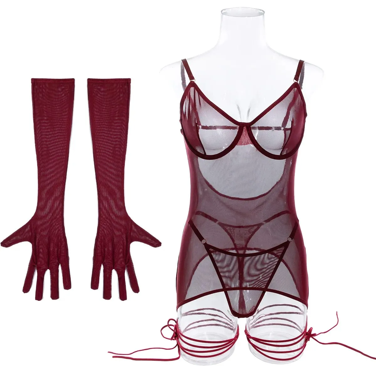 Bodysuit Perspektif Punggung Terbuka Jaring Solid Seksi dengan Sarung Tangan Tali Set Tiga Potong untuk Wanita Pakaian Dalam Wanita Tembus Pandang Setelan Intim